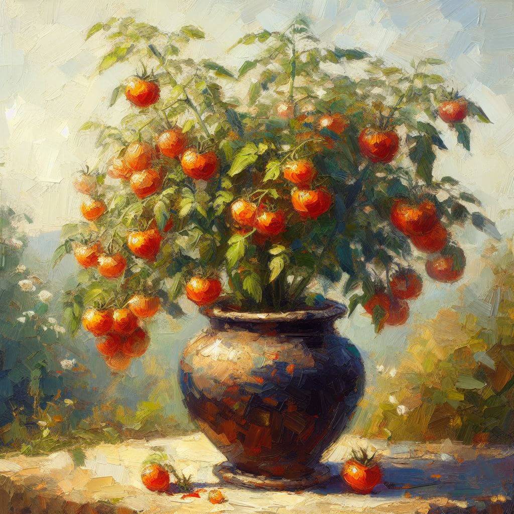 Daytime oil painting of a tomato plant against green foliage.