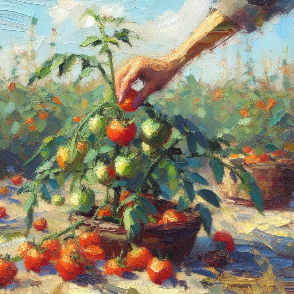 Artistic depiction of a summer day in a tomato plantation with a basket full of tomatoes. A hand reaches for a tomato on a plant.