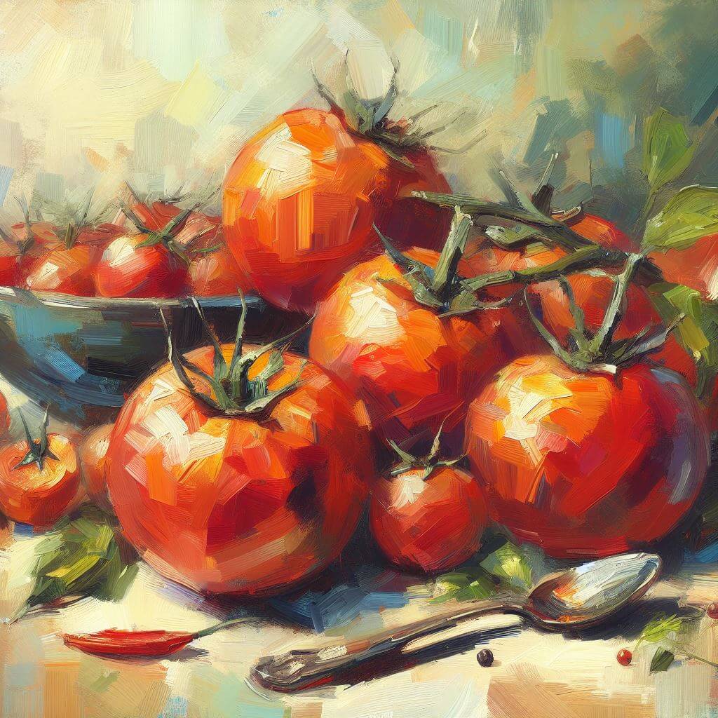 Oil painting illustrating a table scene with ripe tomatoes on a branch, a spoon, and a bowl of tomatoes.