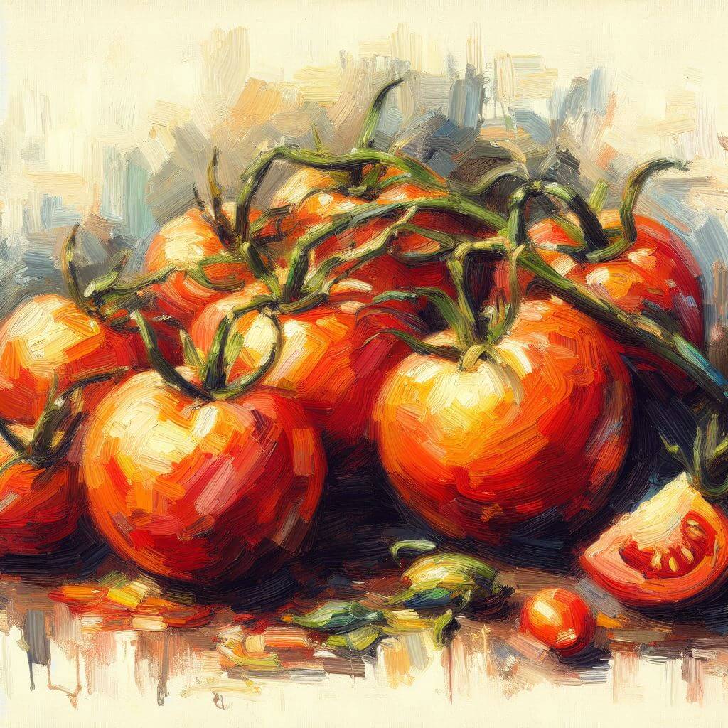 Oil rendition of a tomato medley: six large, one small, one cherry, and a wedge.