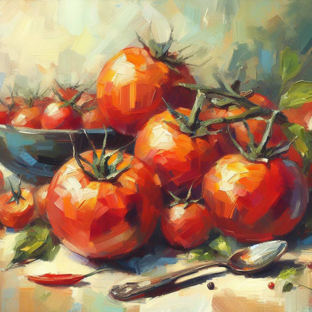 Oil painting of a tabletop tomato display with a spoon.